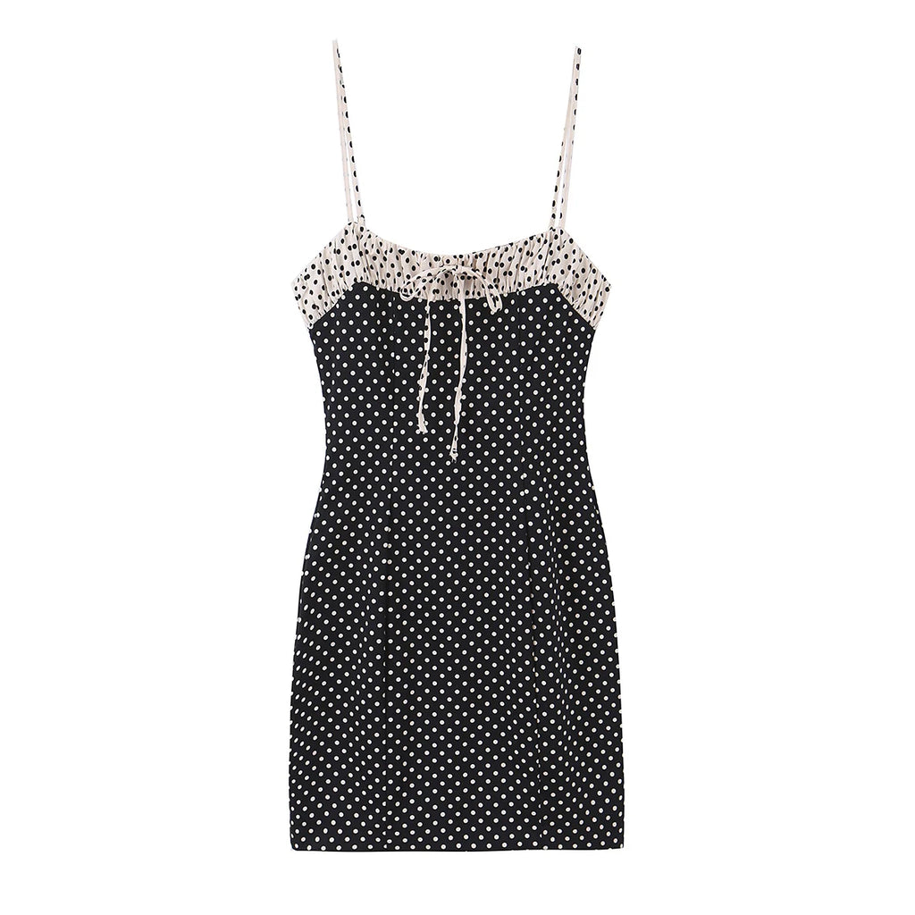 Black Polka Dot Summer Mini Dress With Bow Detail Sleeveless Slimming Waist