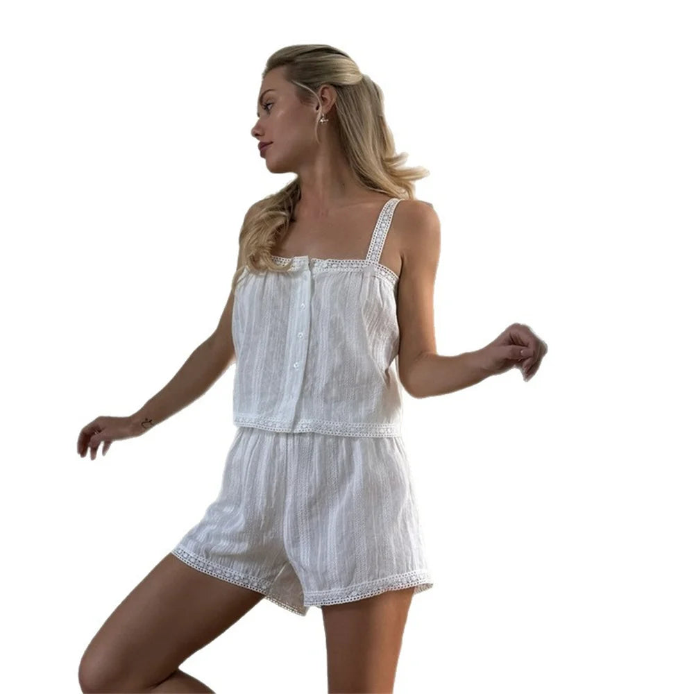 Fashion Pure Cotton Comfortable Soft Strap Short Pants Sleepwear Two-Piece Set