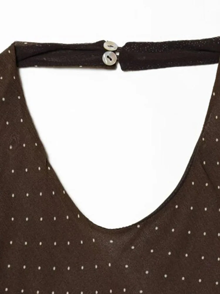 Chic Halter Dress With Off Shoulder Silhouette In Vintage Polka Dot Chiffon