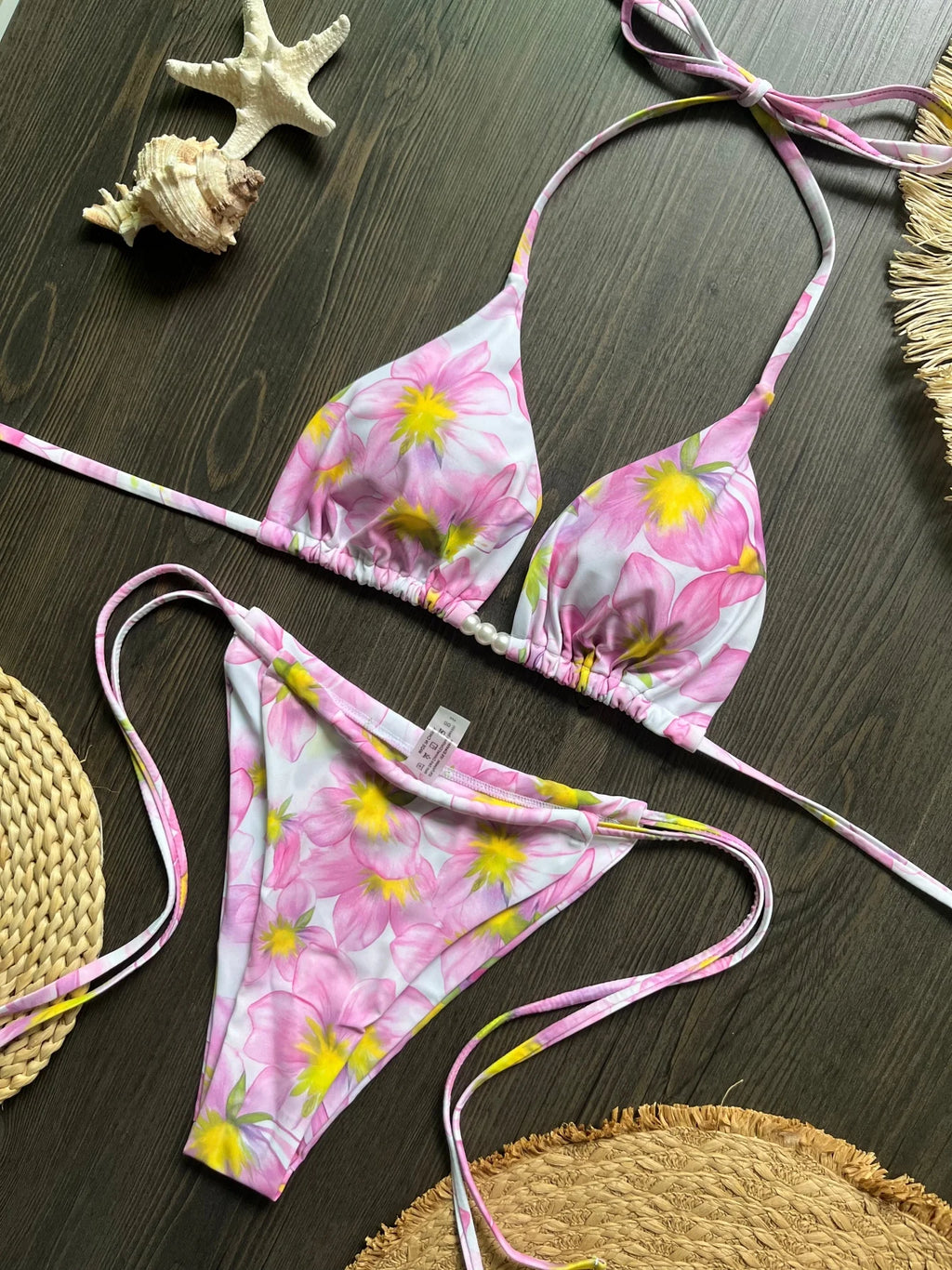 Pearl Accent Halter Bikini Set Luxury Brazilian Beachwear Push Up Swimsuit Print