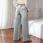 Washed Denim Wide Leg Pants With Lace Up Detail Pockets