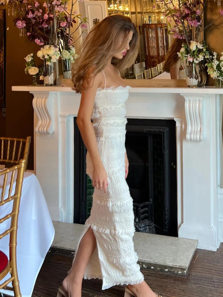 Elegant Formal Beige Slim Maxi Spaghetti Strap Wed Bride Dress
