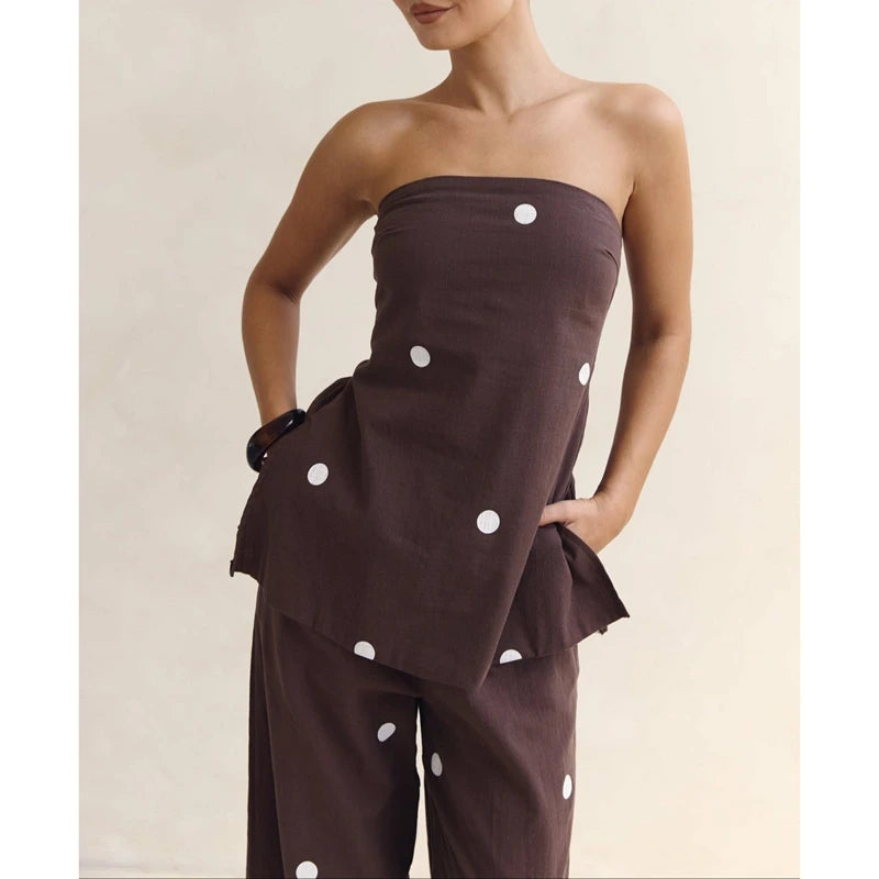 Polka Dot Print Outfits Set Smocked Backless Strapless Tube Tops+Elastic High Waist Wide Leg Pants