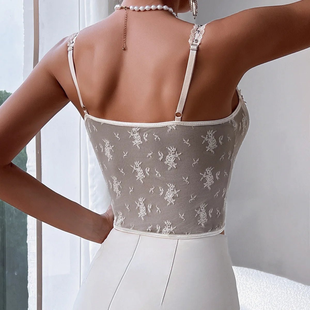 Romantic Floral Lace Corset Top With Back Bandage Detail