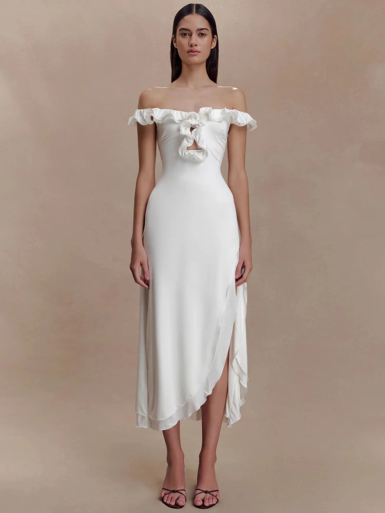 Off Shoulder Ruffle Midi Dress With Front Cutout High Waist Side Split