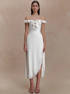 Off Shoulder Ruffle Midi Dress With Front Cutout High Waist Side Split