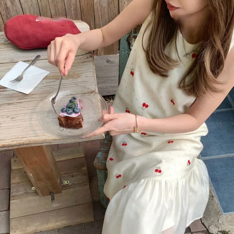 Cherry Patchwork Long Dress With Mesh Detailing