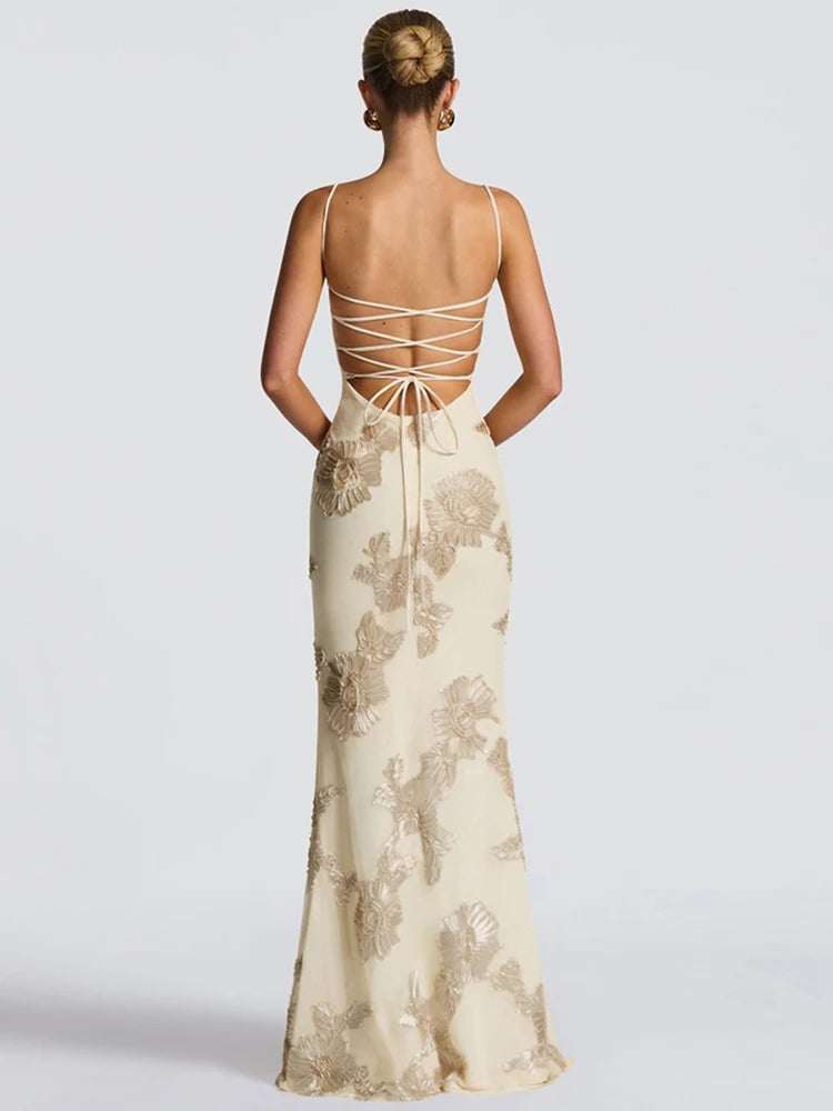 Chic Floral Embroidered Backless Maxi Dress With Low Neck And Crossback