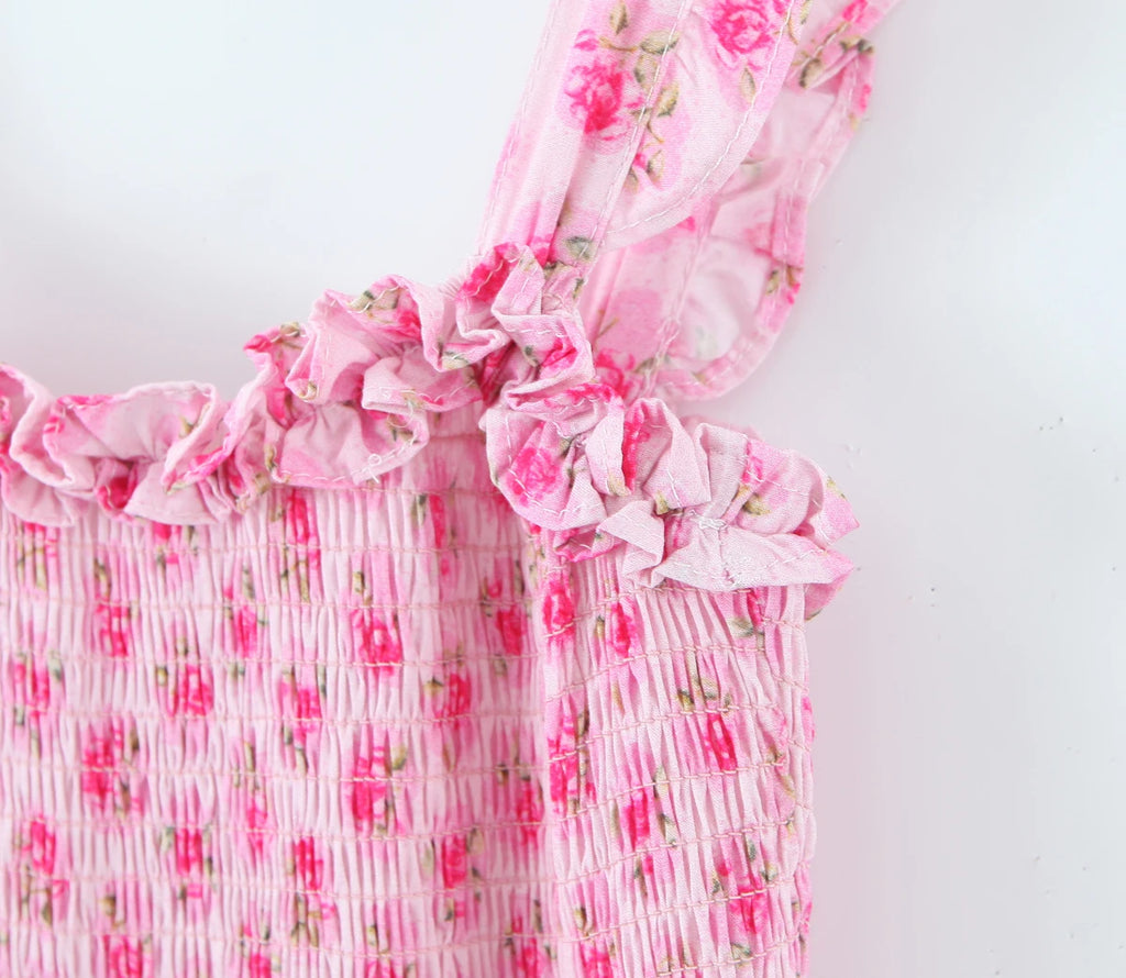 Flower Print Corset Ruched Elastic Body Sling Mini Square Collar Ruffles Hem Dress