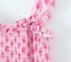 Flower Print Corset Ruched Elastic Body Sling Mini Square Collar Ruffles Hem Dress