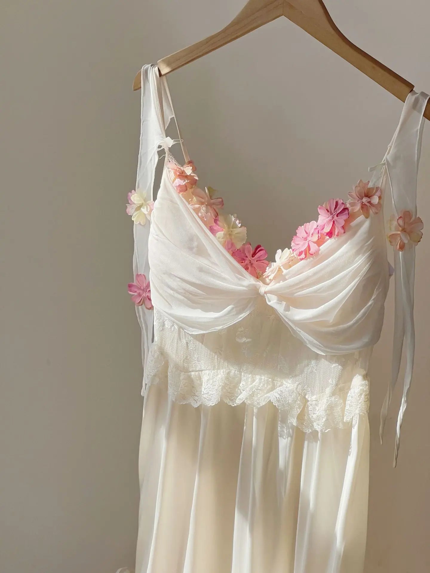 Satin Nightgown Women Fairy Princess Style Nightdress Sexy Flower Trim Sleepwear