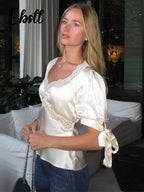 Lace Splicing Female Chic Bow Lace-up V Neck Short Sleeve Shirt