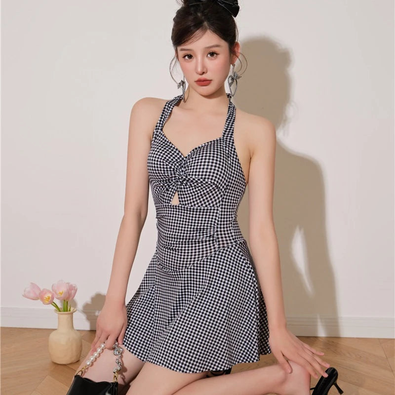 Plaid Backless Swim Dress With Halter Neck