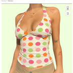 Colorful Dots Print Tie Up Halter Neck Tank Top Backless Sleeveless Cotton Blend
