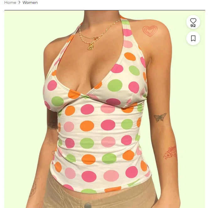 Colorful Dots Print Tie Up Halter Neck Tank Top Backless Sleeveless Cotton Blend