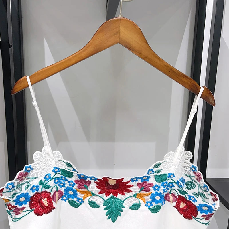 Romantic Floral Lace Embroidered Midi Set With Sleeveless Top And Side Slit Skirt