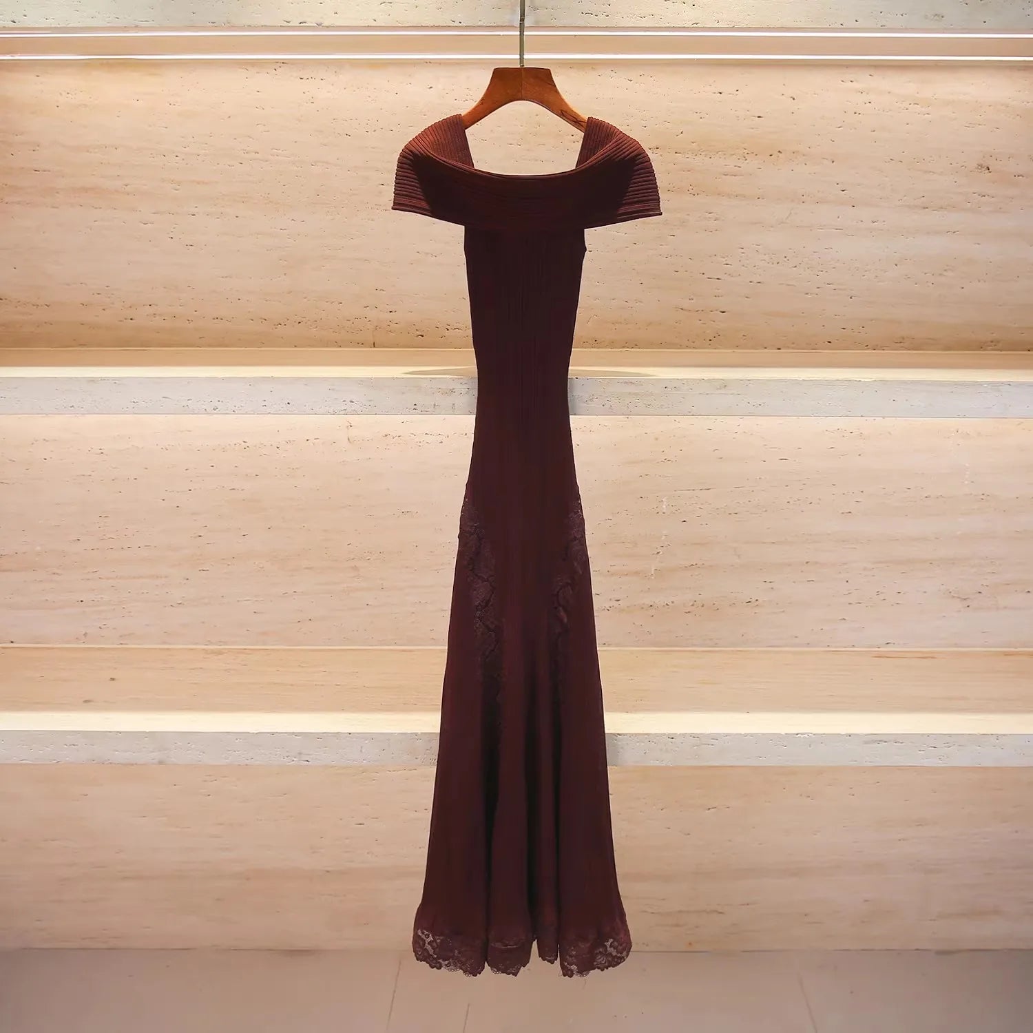 Chic Off-Shoulder Lace Dress And Knit Midi Set