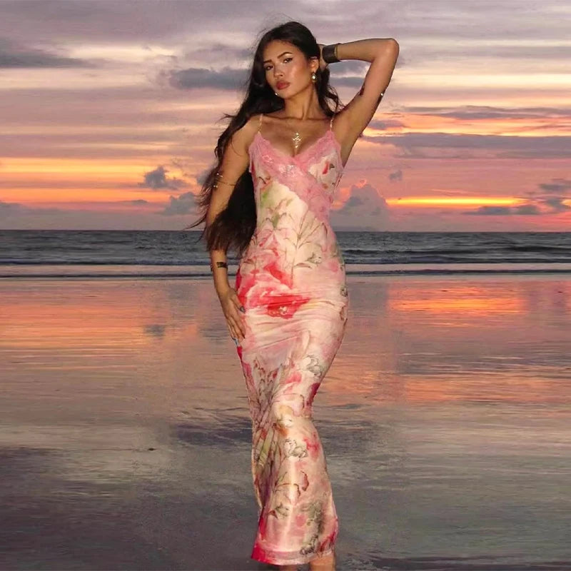 Sexy Lace Print Long Dress Women Slim Sleeveless V-neck