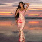 Sexy Lace Print Long Dress Women Slim Sleeveless V-neck