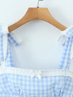 Women New Fashion Sweet Plaid Chic Lace Patchwork French Square Collar Backless Top