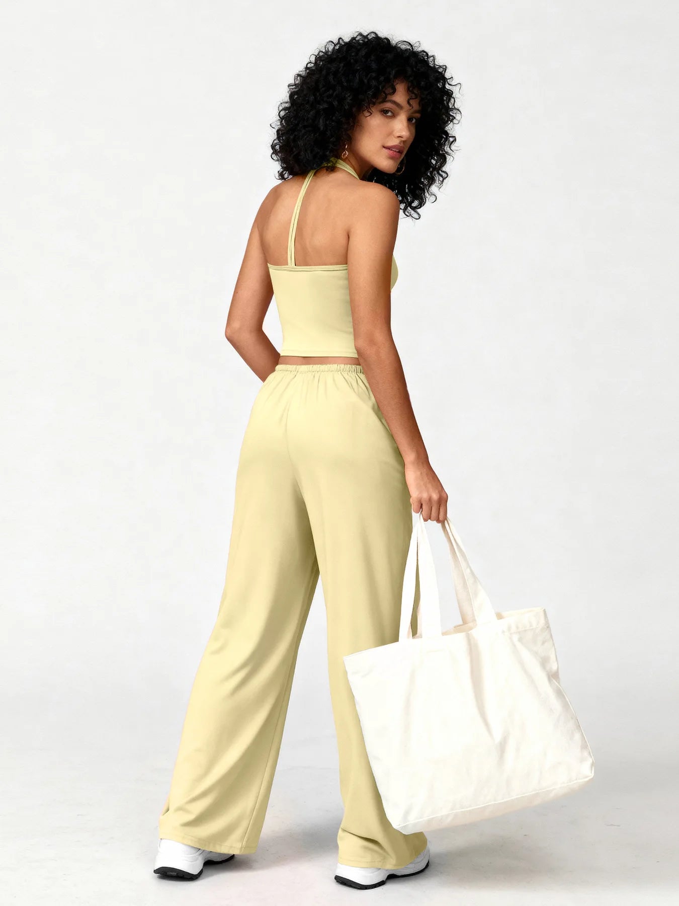 Two Piece Set With Sleek V Neck Tank Backless Detail And Wide Leg Pants