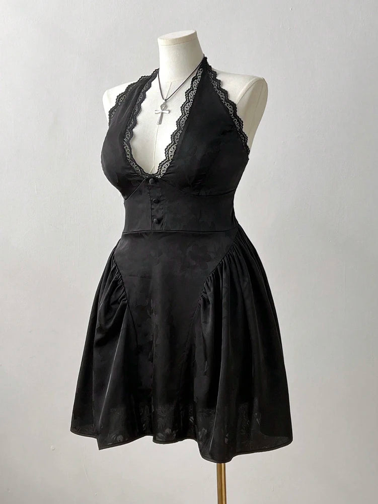 Plus Size French Jacquard Dress With V Neck And Lace Back Cutout
