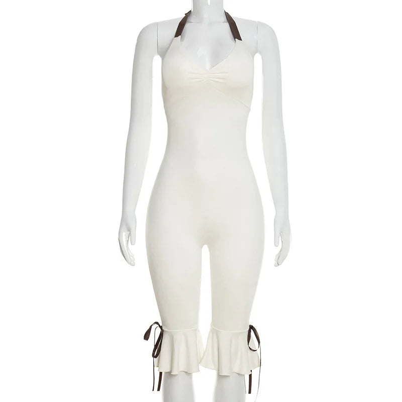 Lace Up Halter Bow Jumpsuit For Women V Neck Backless