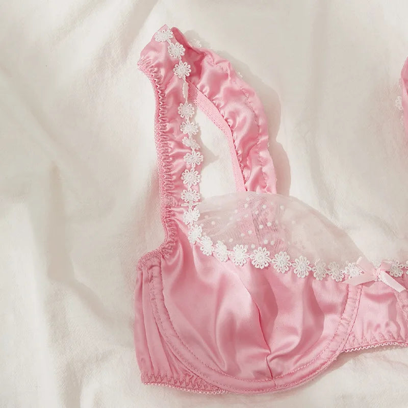 Pink Satin Lace Floral Lingerie Set