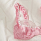 Pink Satin Lace Floral Lingerie Set