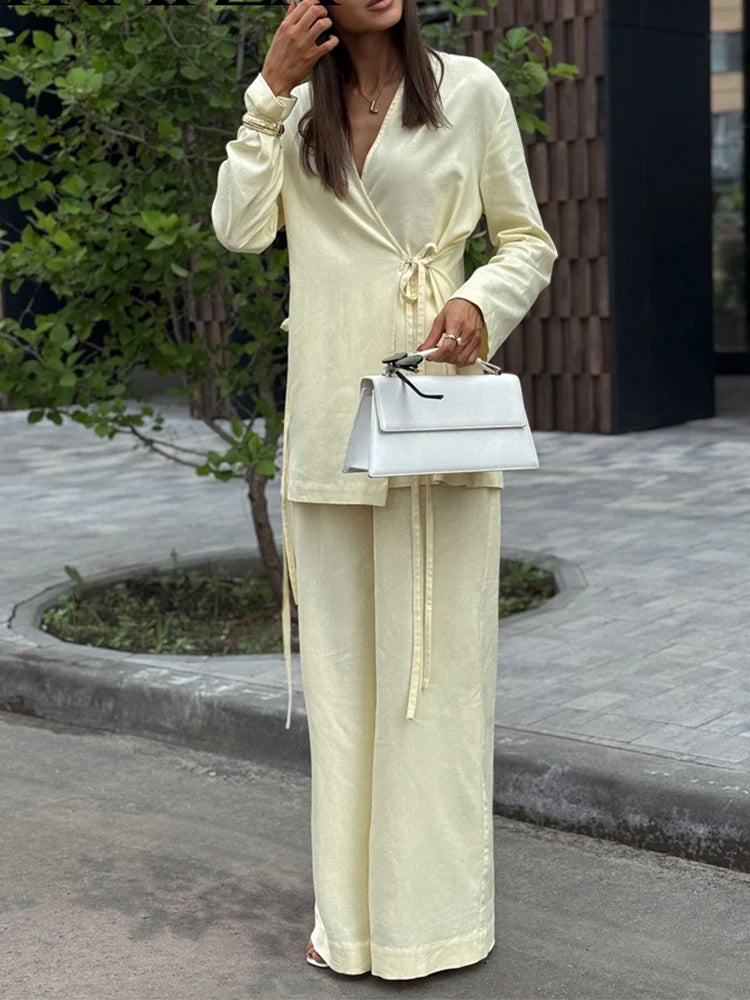 Breezy Linen Kimono Two-piece Set With Lace Up Top And Wide Leg Pants