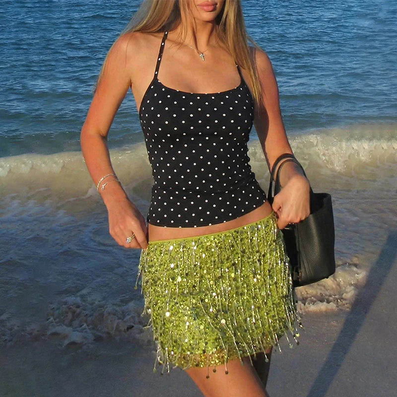 Polka Dot Halter Backless Crop Cami