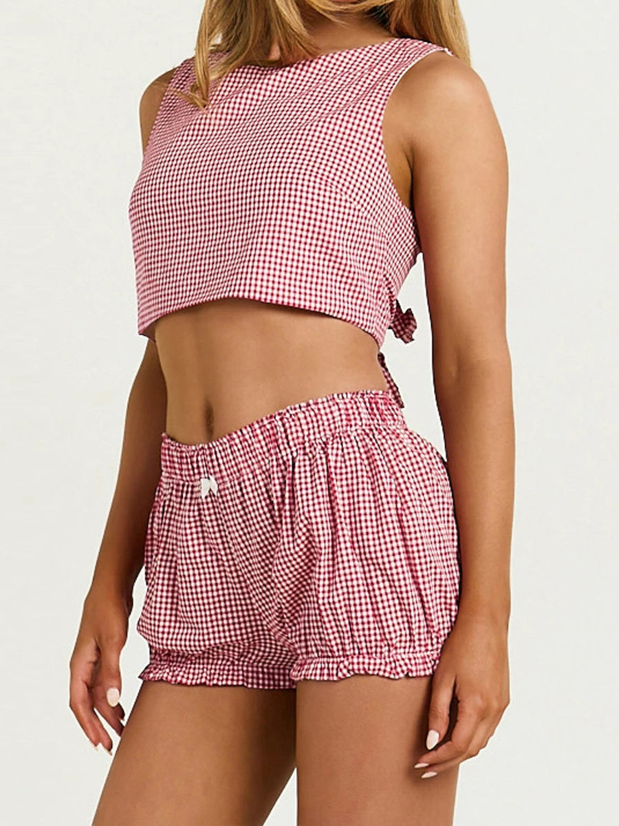 Plaid Set With Tie Back Sleeveless Crop Top And Mini Ruffle Shorts Two-piece