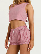 Plaid Set With Tie Back Sleeveless Crop Top And Mini Ruffle Shorts Two-piece