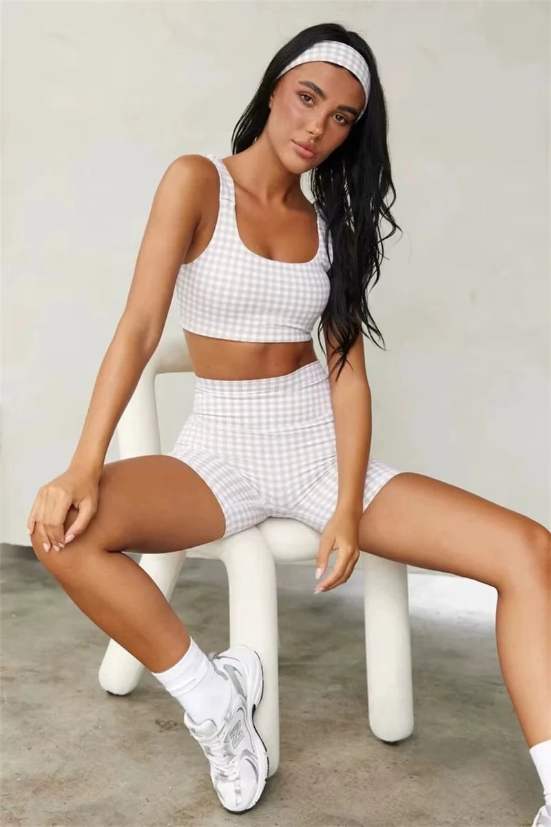 Yoga Grid Set Women's High-stretch Fitness Tank Top with High Waist and Quick-drying