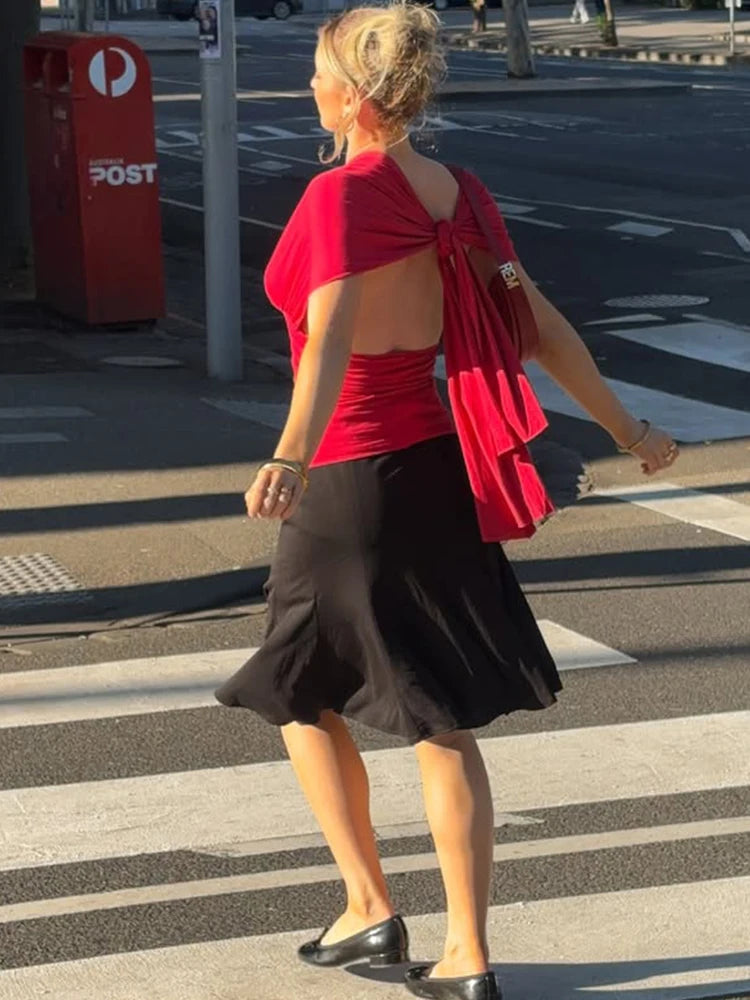 Women Halter Neck Backless Elastic V Neck Crop Top