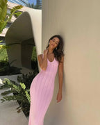Backless Knit Maxi Dress With V Neck Sleeveles Long Gown
