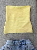 Sultry Bandage Corset Top Off Shoulder Crop With Stripe Accent