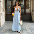 Sea Breeze Striped Deep V Beach Dress With Backless Sleeveless Maxi