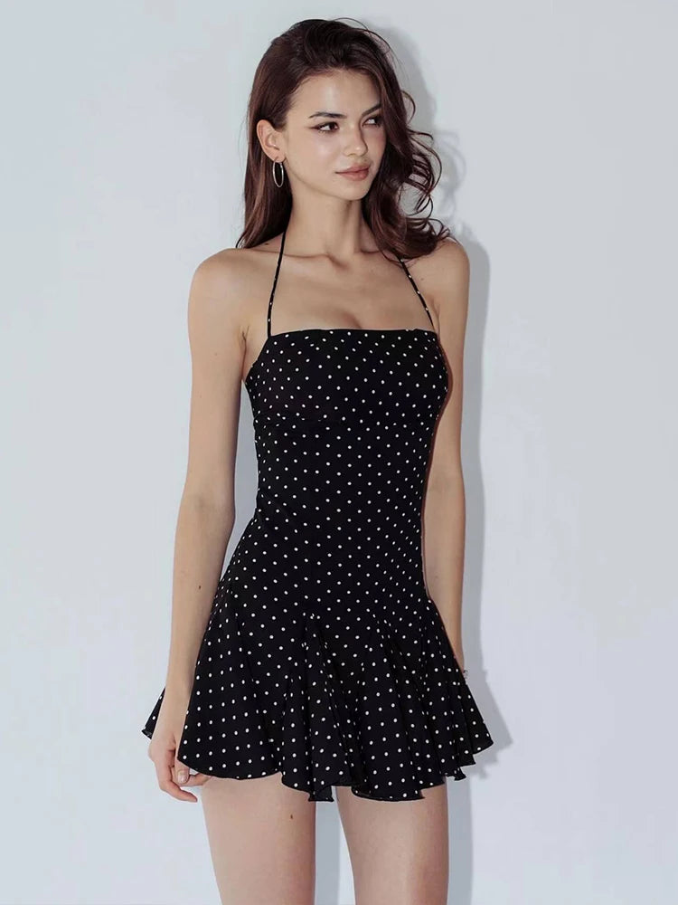 Black Polka Dot Halter Backless Mini Bodycon Dress