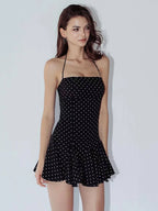 Black Polka Dot Halter Backless Mini Bodycon Dress