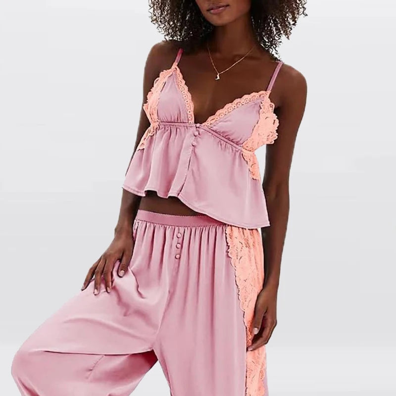 V-neck Sleeveless Top and Pants Outfit Lace Patchwork Women's Two Piece