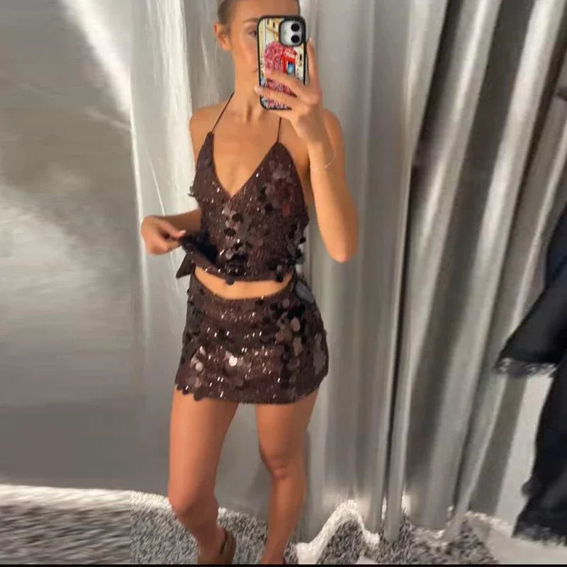 Beaded Sequin Two Piece Set Sleeveless Backless Crop Top And Mini Skirt Glam Outfit