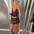Beaded Sequin Two Piece Set Sleeveless Backless Crop Top And Mini Skirt Glam Outfit