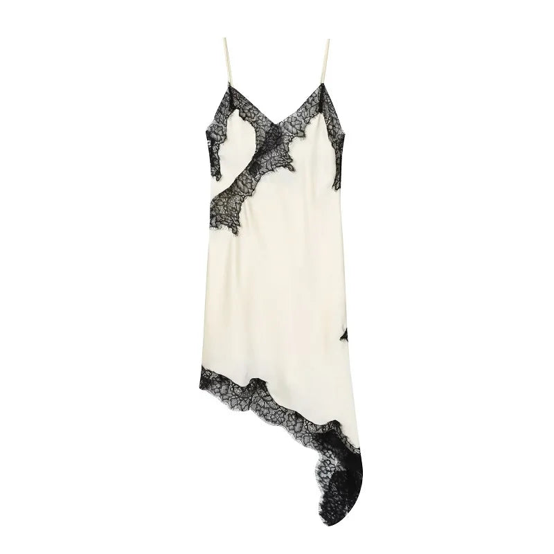 Lace Slip Mini Dress With Satin Backless Asymmetric Cut