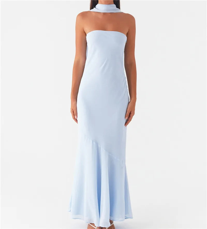 Floral Tube Maxi Dress With Scarf Strapless Backless Mesh Bodycon Sundress