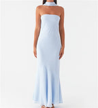Floral Tube Maxi Dress With Scarf Strapless Backless Mesh Bodycon Sundress