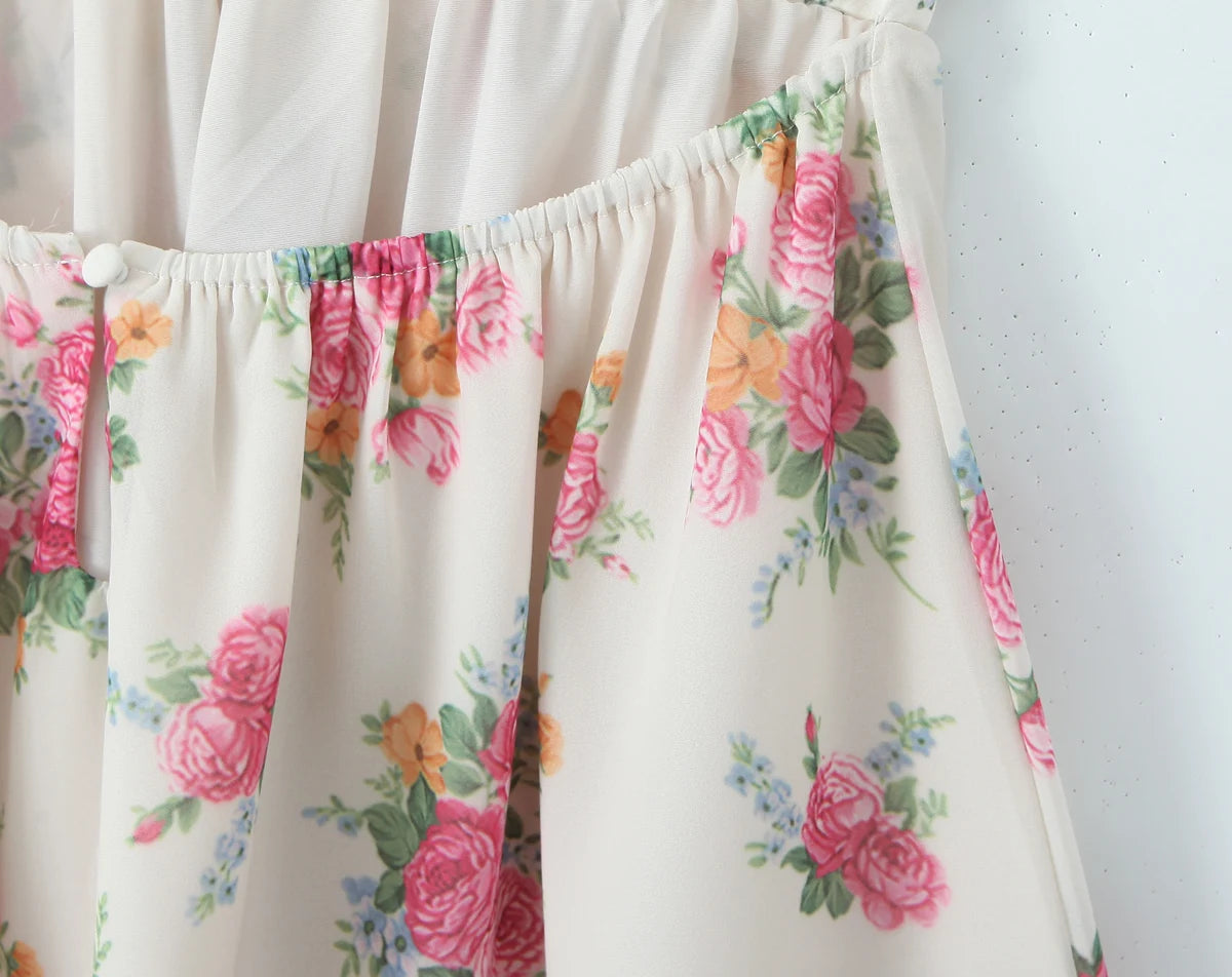 Contrast Color Floral Print Sling Mini V neck Spliced Chest Push Up Back Backless Short Dress