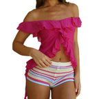 Ruched Ruffle Split Front Crop Top With Off Shoulder Backless