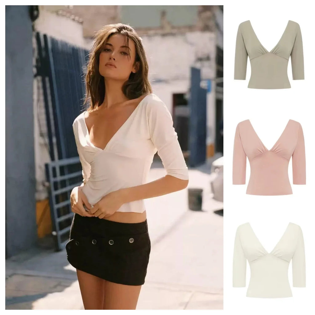 V Neck Mid Sleeve Cropped Long-sleeves Blouse