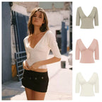 V Neck Mid Sleeve Cropped Long-sleeves Blouse